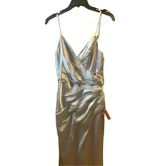 New Mac Duggal Satin Sleeveless Faux Wrap Ruched Gown Platinum Silver Size 2 - Picture 7 of 10
